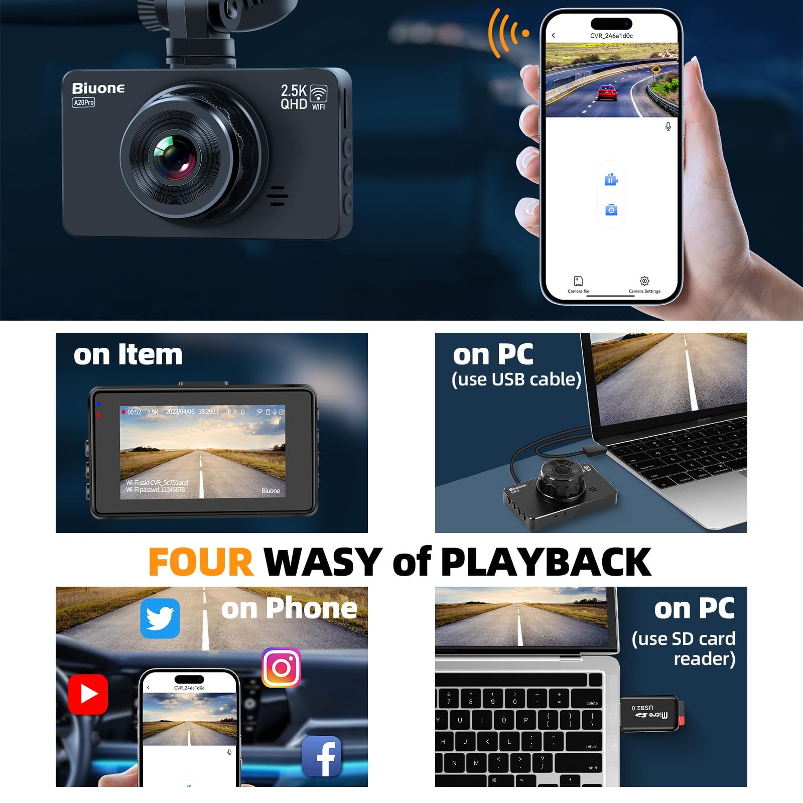 Dash Cam Front And Rear Dash Camera Wifi/App Control Car Camera Dash Cam With 64G Card 2.5K Front Dash Cam+1080P Rear Dashcams W